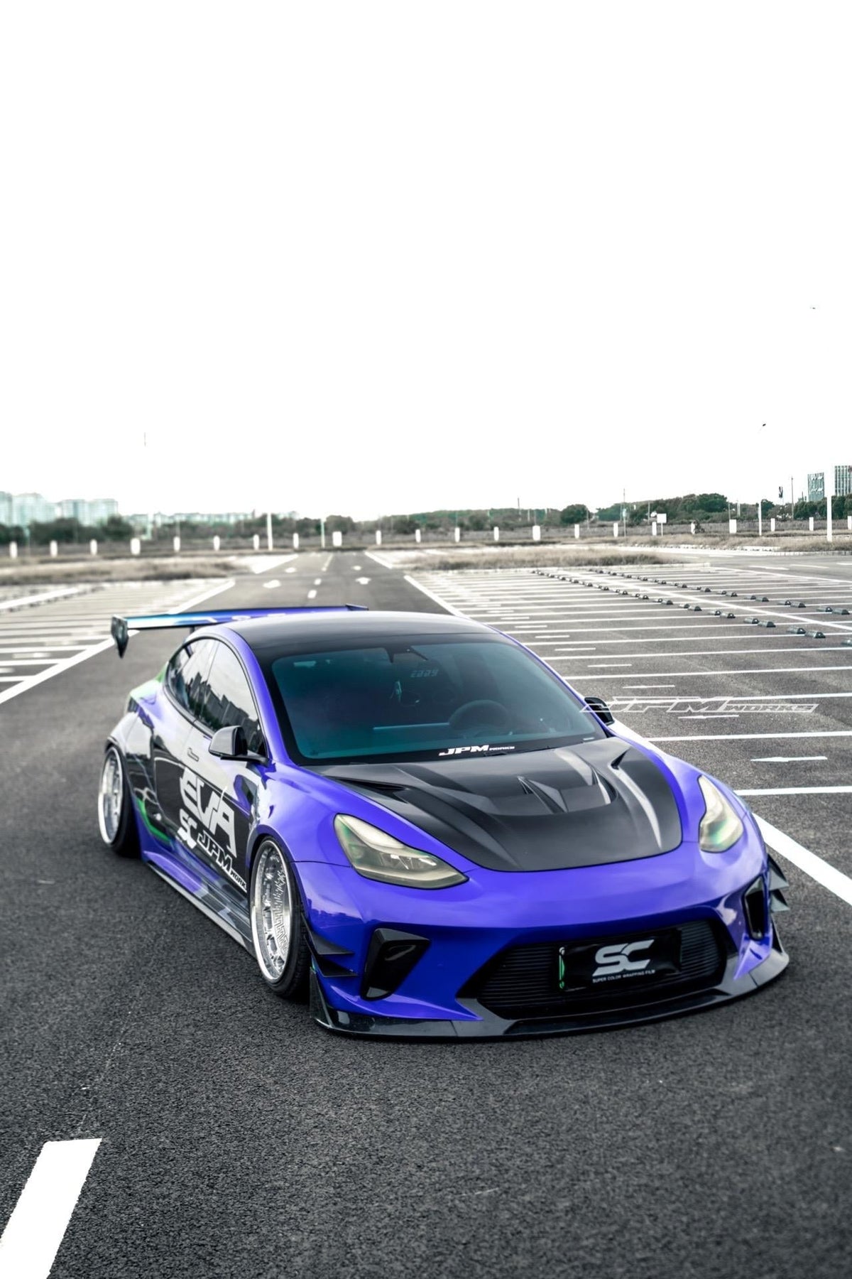 Blue Wrapped Tesla Model 3 — Robot Craftsman HACKER Widebody