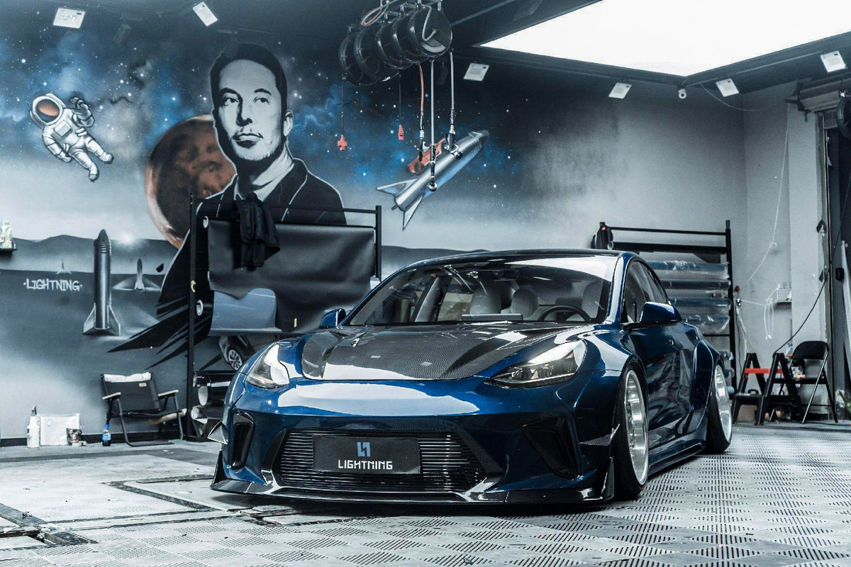 Blue Tesla Model 3 — Robot Craftsman HACKER Widebody