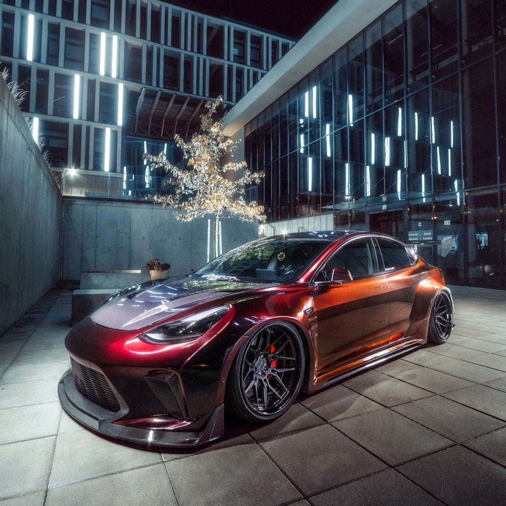 Sunset Red Tesla Model 3 — Robot Craftsman HACKER Widebody