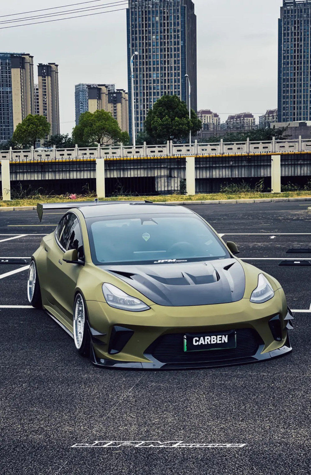 Matte Green Tesla Model 3 — Robot Craftsman HACKER Widebody