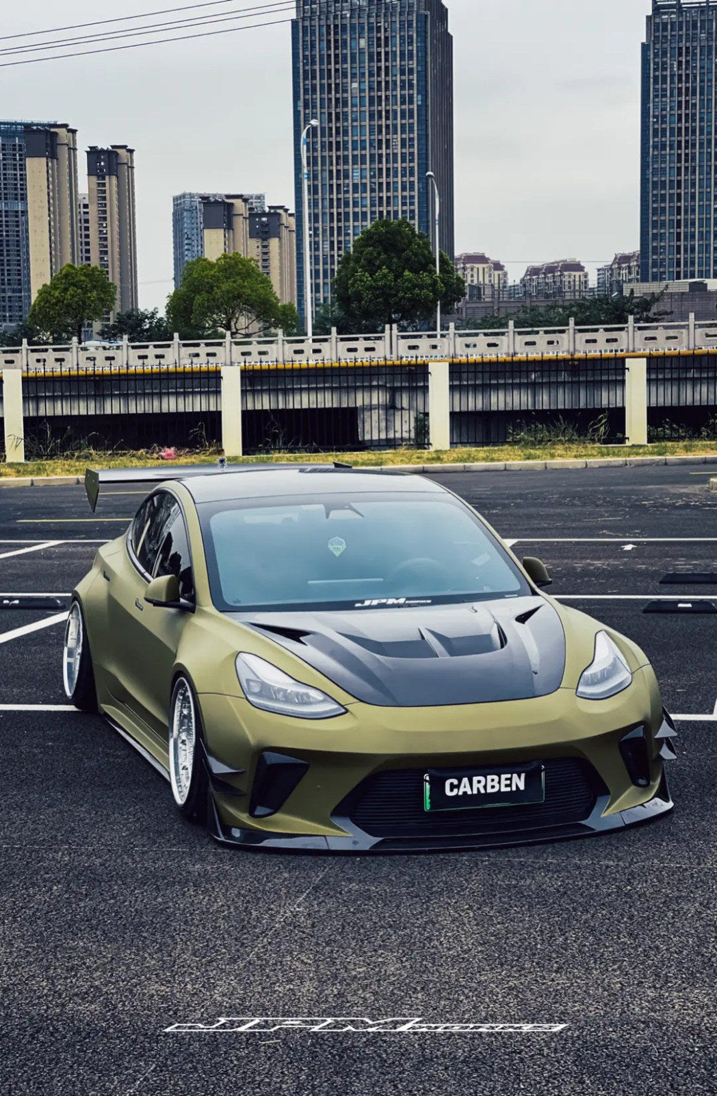 Matte Green Tesla Model 3 — Robot Craftsman HACKER Widebody