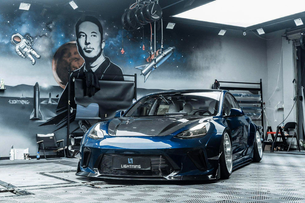 Blue Tesla Model 3 — Robot Craftsman HACKER Widebody