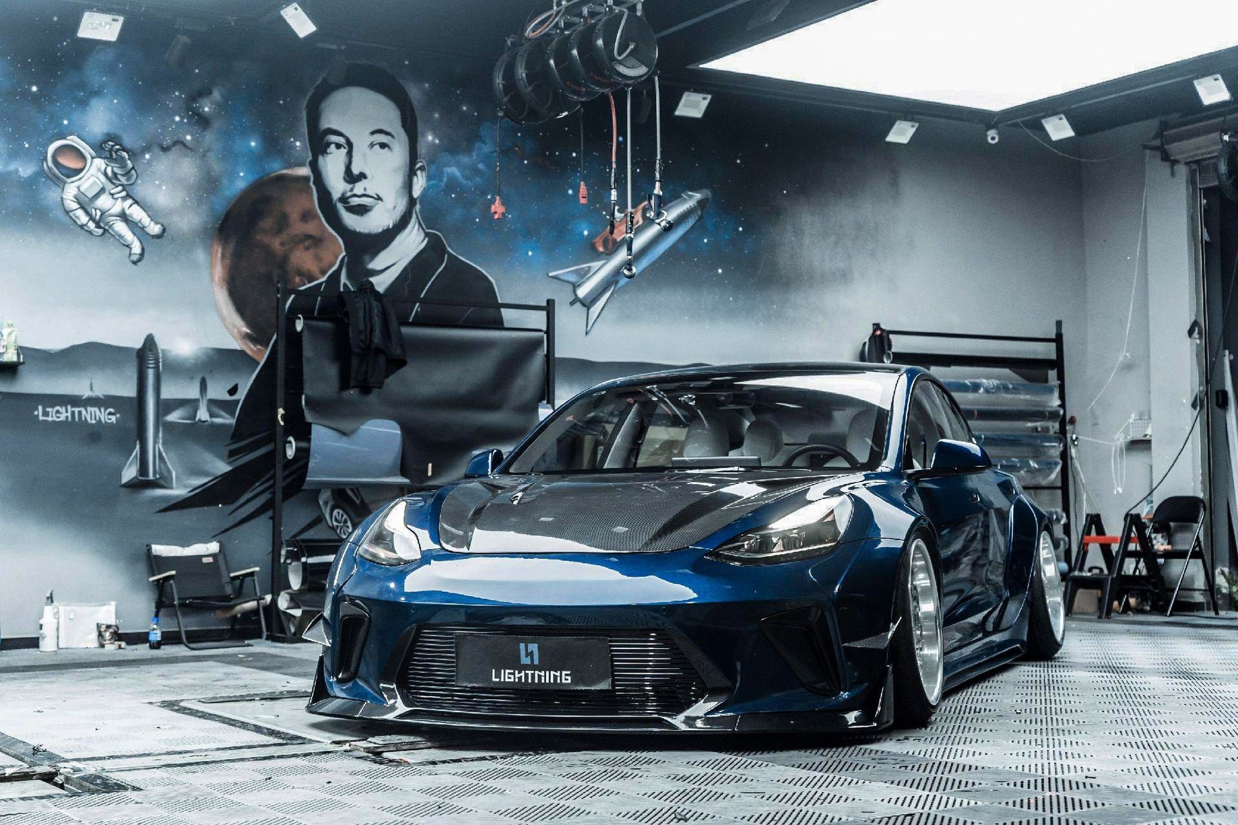 Blue Tesla Model 3 — Robot Craftsman HACKER Widebody