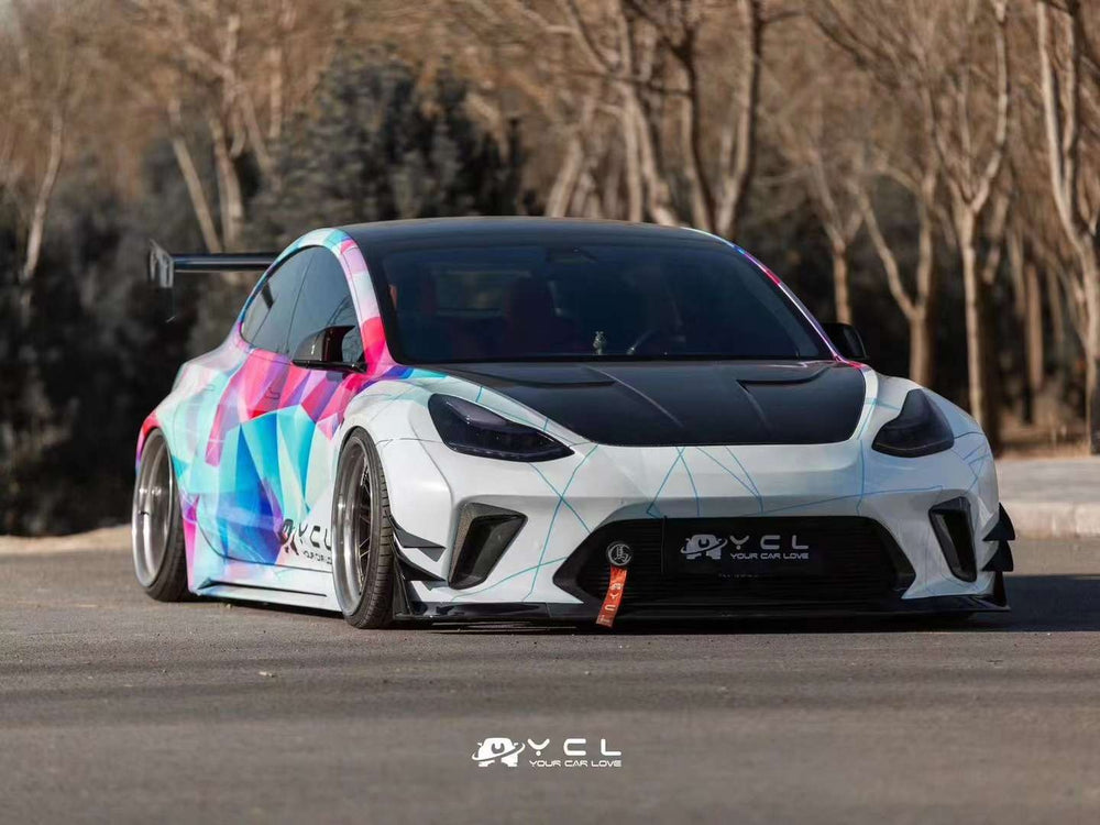 White & Pink Wrapped Tesla Model 3 — Robot Craftsman HACKER Widebody
