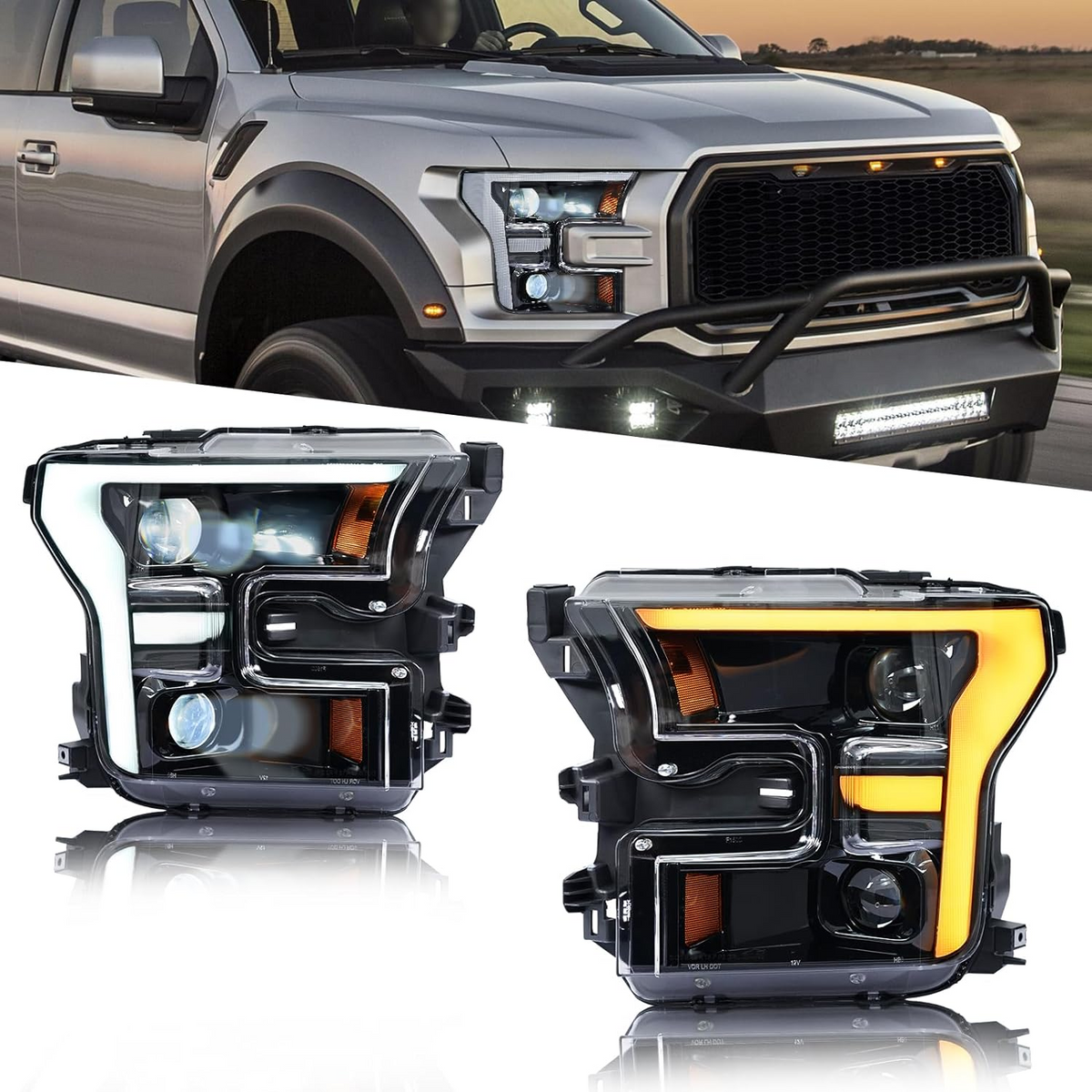 Full LED Headlights Assembly For Ford F-150 Raptor 2015-2020, F DRL Style