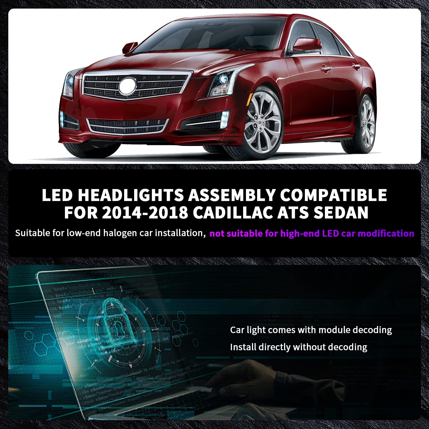 Full LED Headlights Assembly For Cadillac ATS 2014-2018, 1Pair