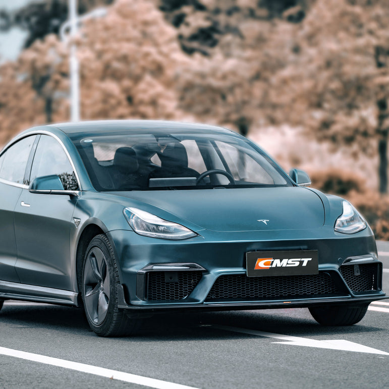 CMST Tuning Carbon Fiber Front Bumper for Tesla Model 3 Ver.1 with Carbon Fiber Canards & Front Lip - Robot Bodykits