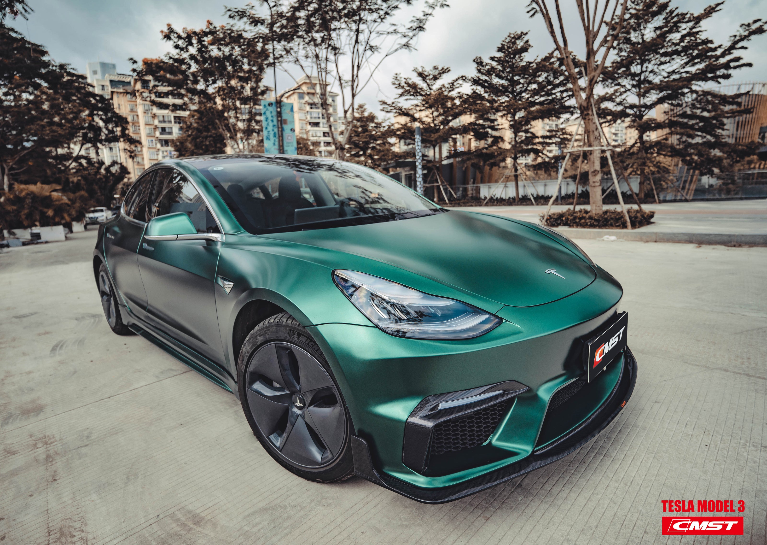 CMST Tuning Carbon Fiber Front Bumper for Tesla Model 3 Ver.1 with Carbon Fiber Canards & Front Lip - Robot Bodykits