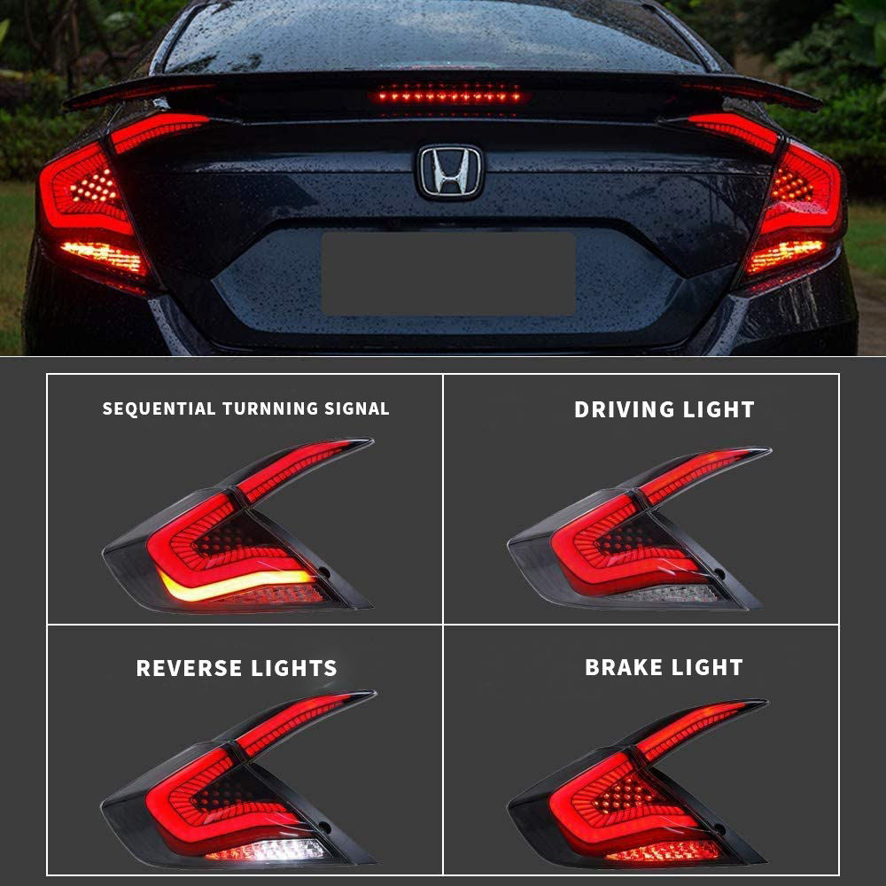 Full LED Tail Lights Assembly For 10th Gen Honda Civic Sedan 2016-2021