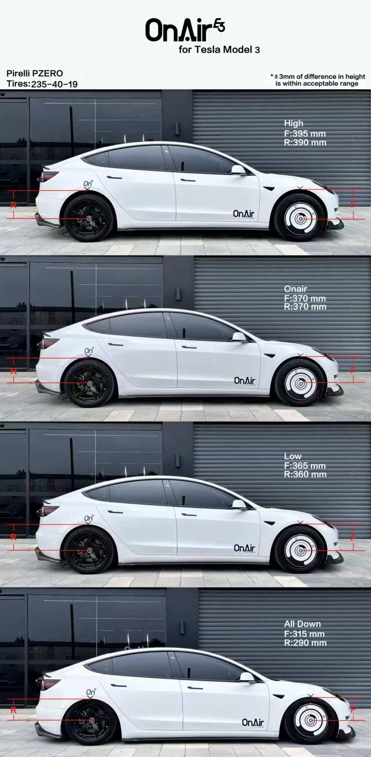 OnAir E3 Series Tesla Model 3 Full Air Suspension System (Fits RWD/AWD & Highland)