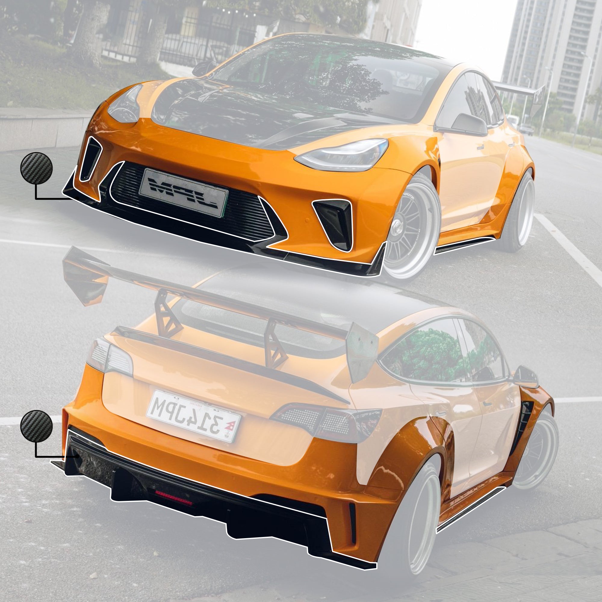 Robot Craftsman Tesla Model 3 2017-2023 “HACKER” Widebody FRP & Partial Carbon Full Kit