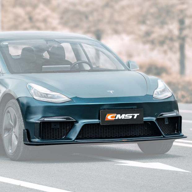 CMST Tuning Carbon Fiber Front Bumper for Tesla Model 3 Ver.1 with Carbon Fiber Canards & Front Lip Aftermarket Carbon Fiber Part / Bodykit - Robot Bodykits