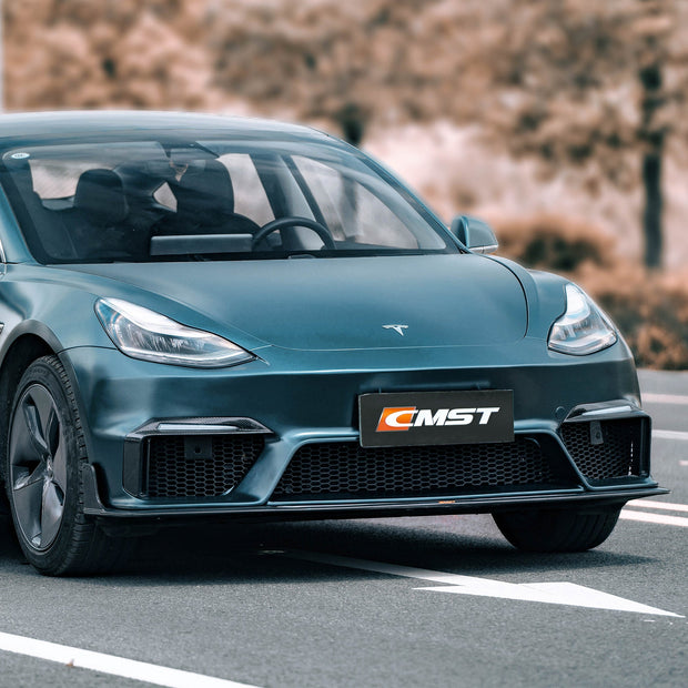 CMST Tuning Carbon Fiber Front Bumper for Tesla Model 3 Ver.1 with Carbon Fiber Canards & Front Lip Aftermarket Carbon Fiber Part / Bodykit - Robot Bodykits