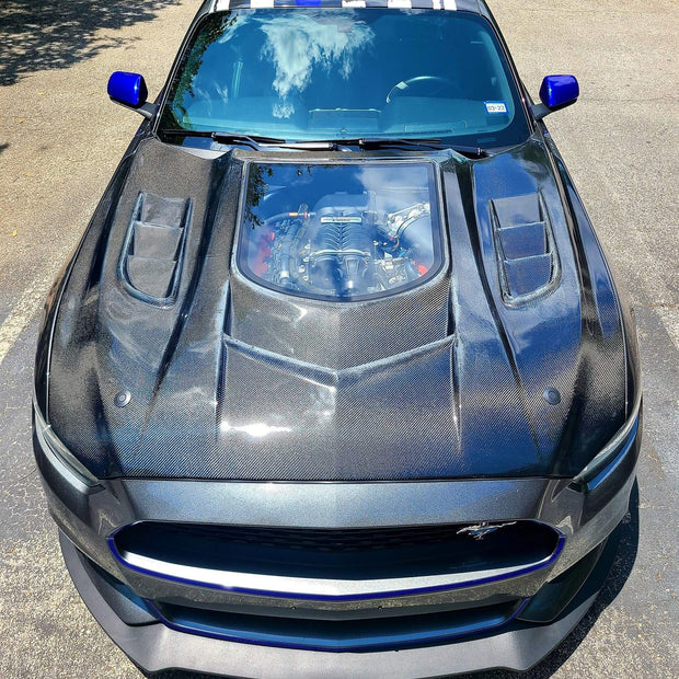 CMST Carbon Fiber Glass Transparent Hood Stage 2 ( Raised 2 inches ) for Ford Mustang S550.1 2015- 2017