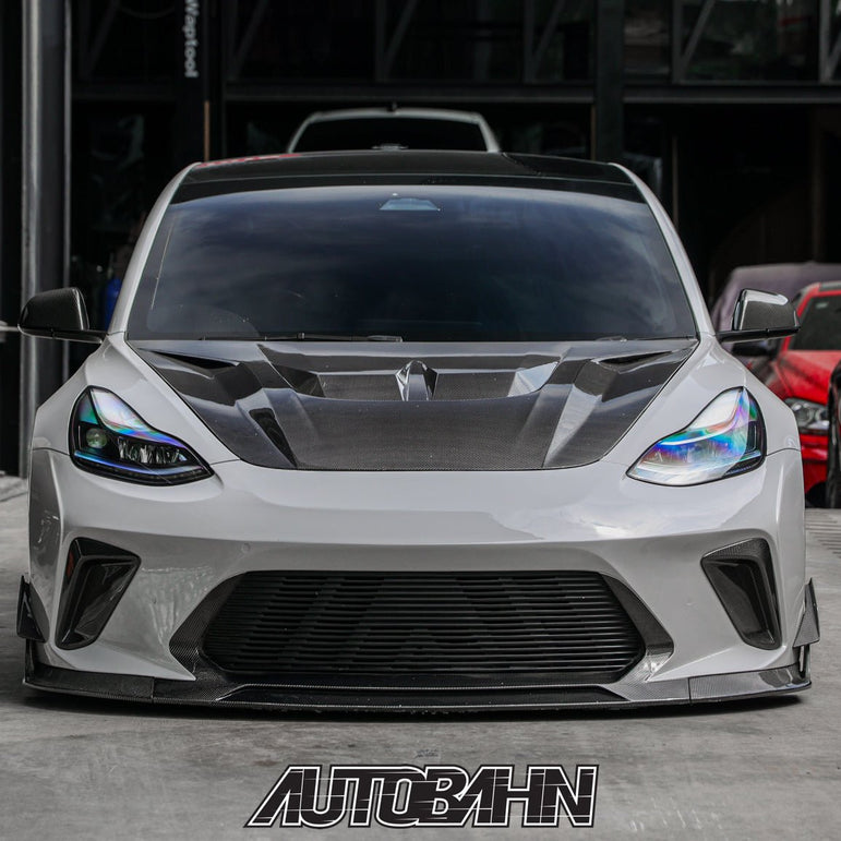 Robot Craftsman Tesla Model 3 “HACKER” Front Bumper & Front Lip (2017–2023 pre - facelift) Aftermarket Carbon Fiber Part / Bodykit - Robot Bodykits