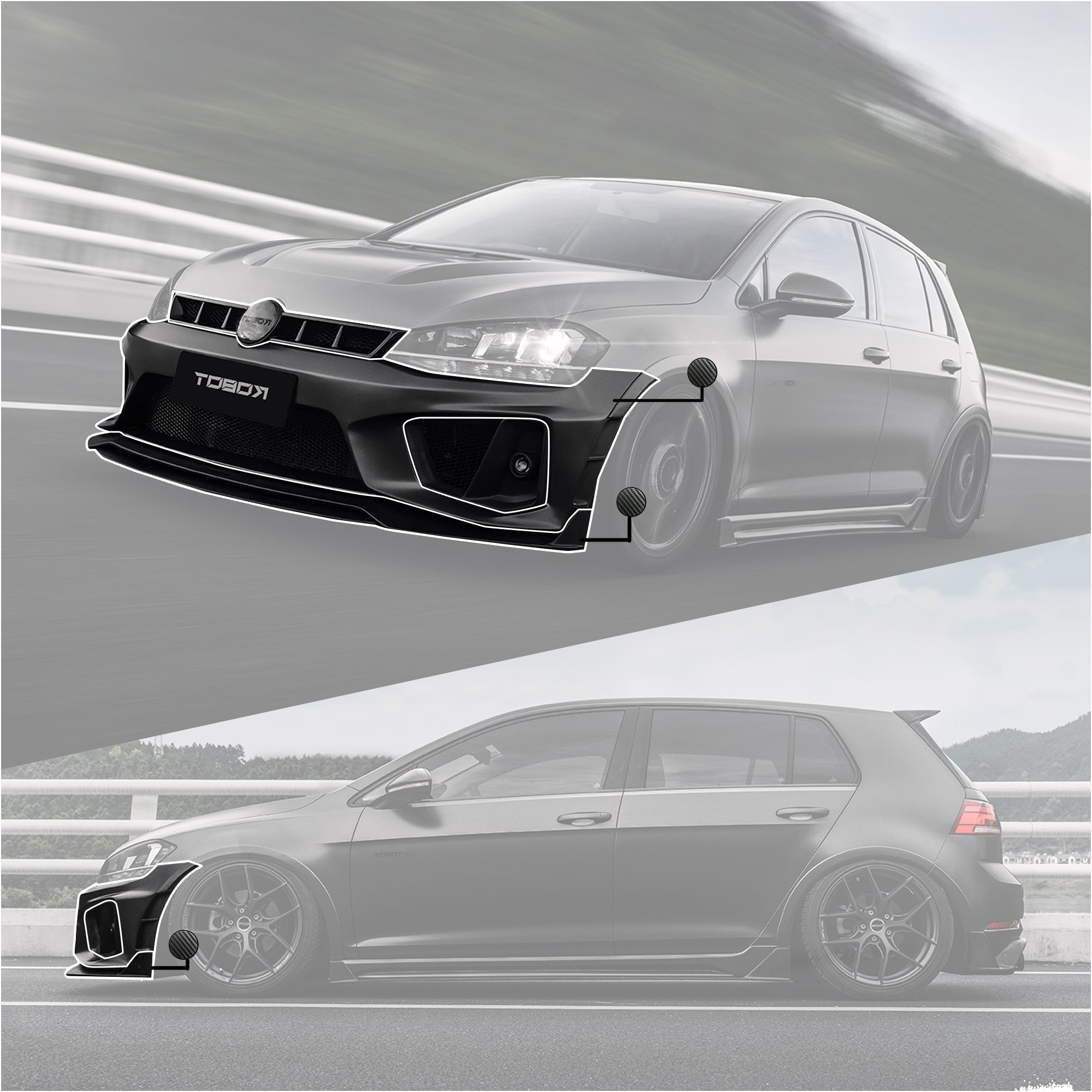Robot Craftsman Volkswagen Golf / GTI / Golf R MK7 MK7.5 Fibre Glass Reinforced Plastic Complete Front Bumper (FRP) Aftermarket Carbon Fiber Part / Bodykit - Robot Bodykits