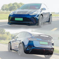 Collage of a blue Tesla Model Y with a custom Starship spoiler and widebody kit, showing both front and rear views.